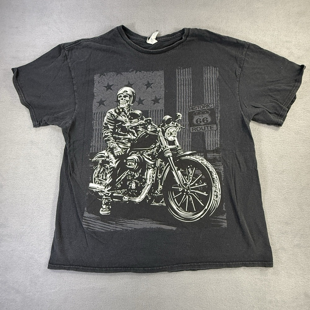 Skeleton Motorcycle Black XL Route 66 Flag Shirt Punk